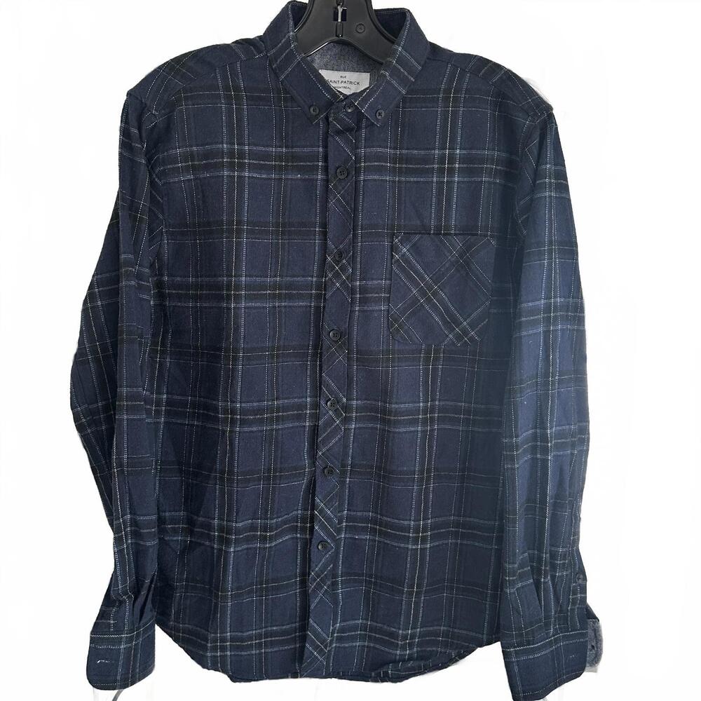 Rue Saint-Patrick Montreal Men's Fleece Navy Plaid Button-Up Shirt - Medium